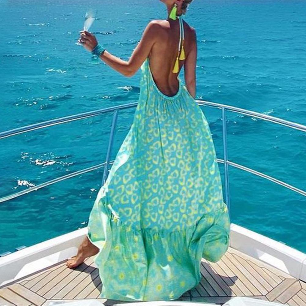 Green Graphic Print Halter Neck Backless Ruffle Hem Dress