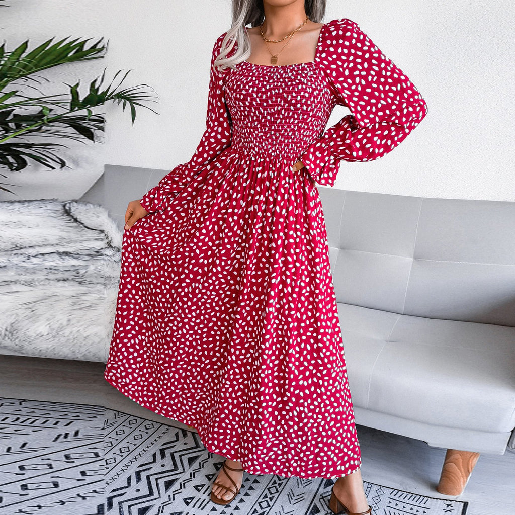 Adult Square Neck Maxi Dress Puff Sleeve Pleated Dress