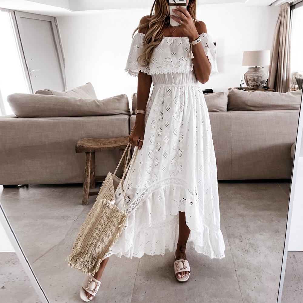 Off Shoulder Floral Hollow Ruffle Trim Asymmetrical Hem Dress