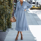 Solid Swiss Dot Mesh Flounce Sleeve Lettuce Trim V Neck Chiffon Dress