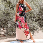 Floral Print Split Thigh Halter Neck Belted Cami Dress