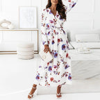 Surplice Neck Self Belted Botanical Print Bishop Sleeve Dress