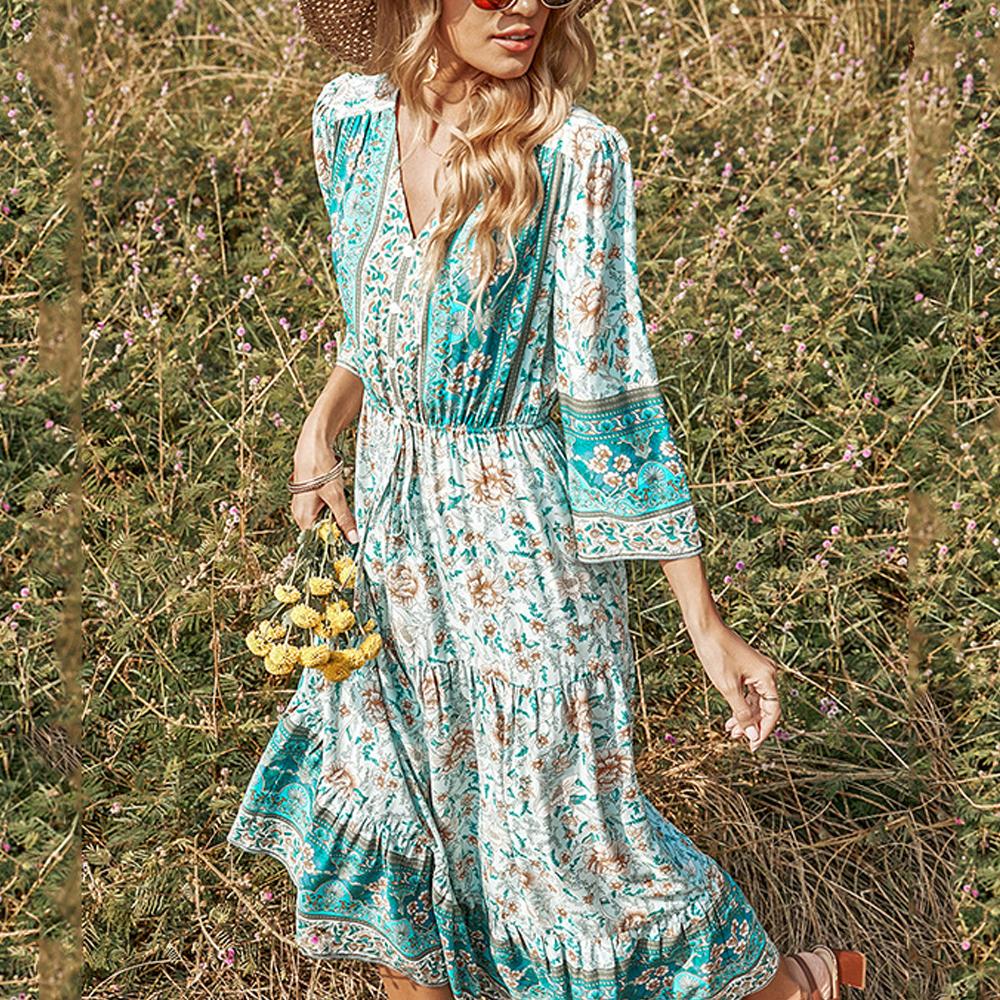 Green Paisley & Floral Print Button Front Knot Waist V Neck Dress