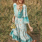 Green Paisley & Floral Print Button Front Knot Waist V Neck Dress
