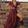 Floral Print Puff Sleeve Button Front Through V Neck Ruffle Slit Hem Dress Without Belt