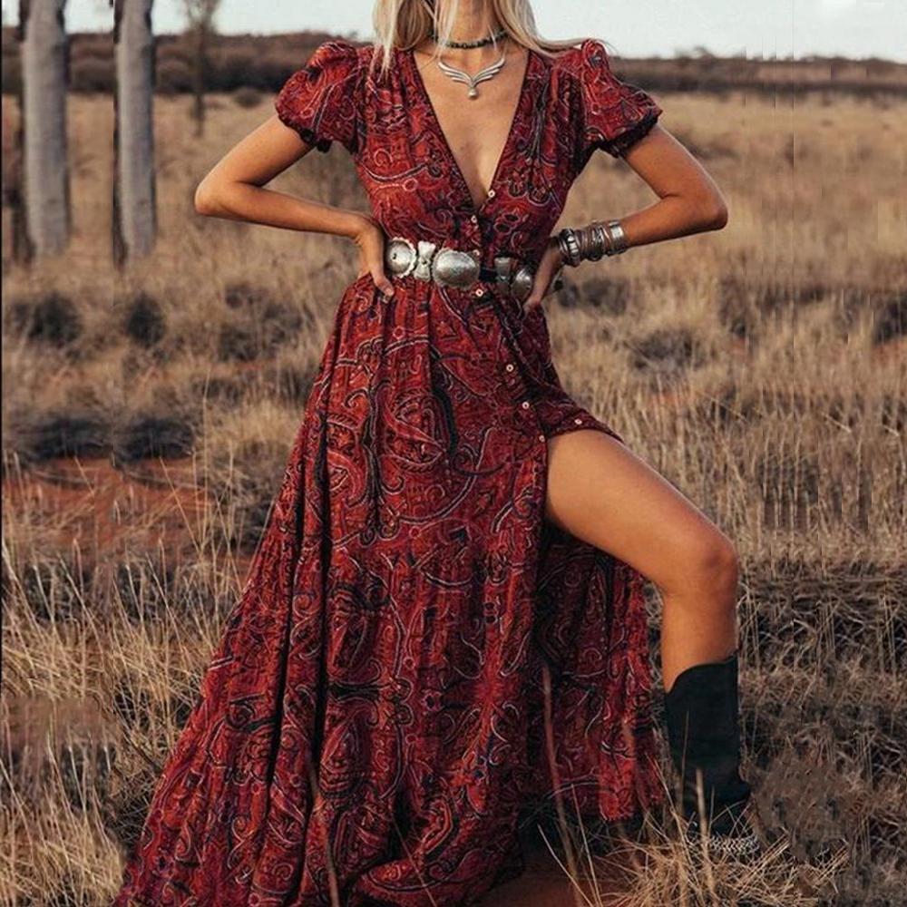 Floral Print Puff Sleeve Button Front Through V Neck Ruffle Slit Hem Dress Without Belt