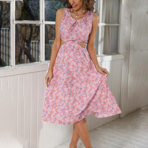 Ditsy Floral Print Round Neck Sleeveless Cut Out Waist Dress