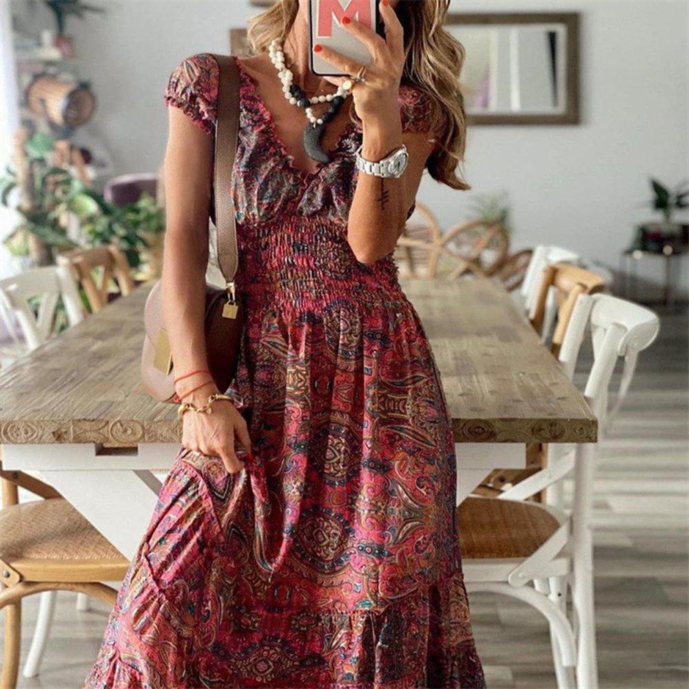 Burgundy Frill Trim Allover Floral Print Shirred Waist Maxi Dress