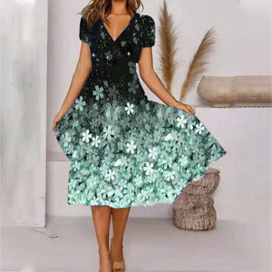 HOT SALE Black Ombre Floral Print V Neck Short Sleeve Dress