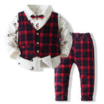 Infant Little Boys 4pcs Clothes Set with Plaid Dress Shirts Bowtie Pants and Vest Gentleman Easter Outfit