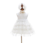 Sequined Baby Girl Christening Dress Layered Lace Sleeveless Toddler Dress and Bonnet
