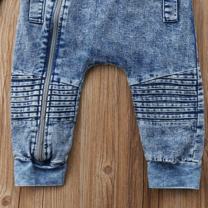Newborn Baby Little Boys Zipper Romper Classic Jeans Outfit Long Sleeve Blue Bodysuit