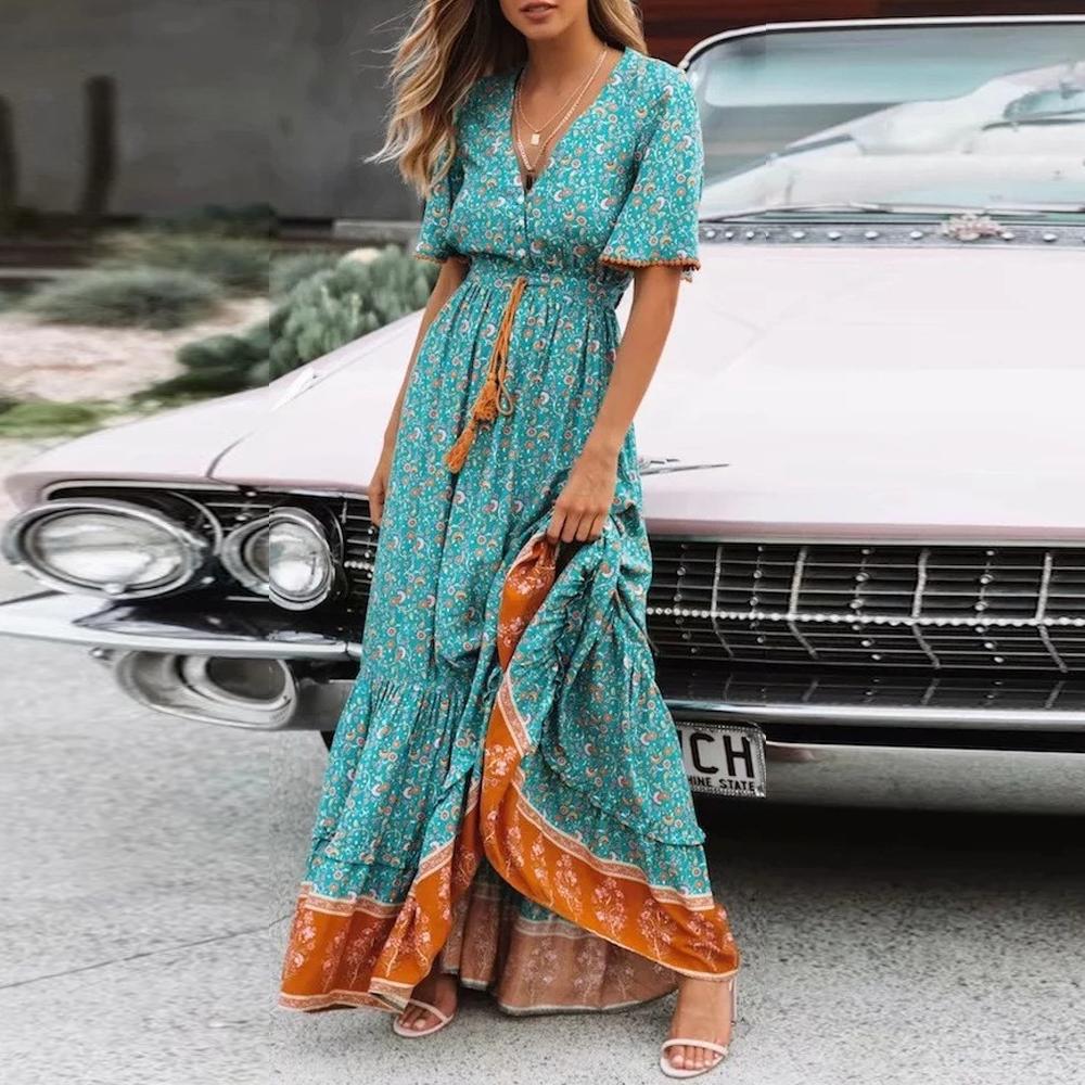 Floral Print Waist Tassel Tie Button Through Flared Sleeve Dress