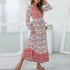 Half Button Allover Floral Print V Neck Bishop Sleeve Maxi Dress