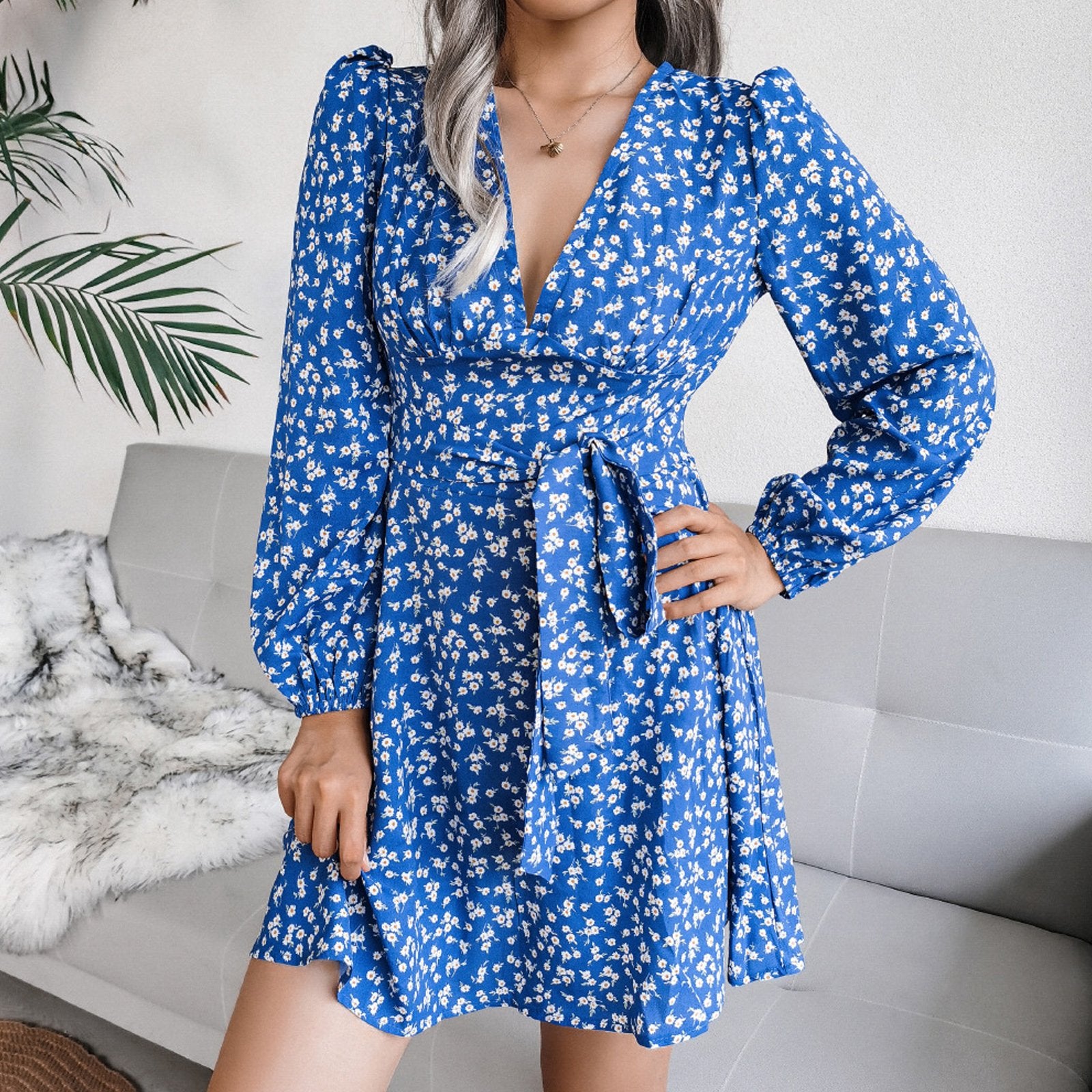 Puff Sleeve Chiffon Dress High Waist Floral Printed Dress