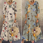 Beige & Light Green Allover Floral Print V Neck Three Quarter Length Sleeve Maxi Dress