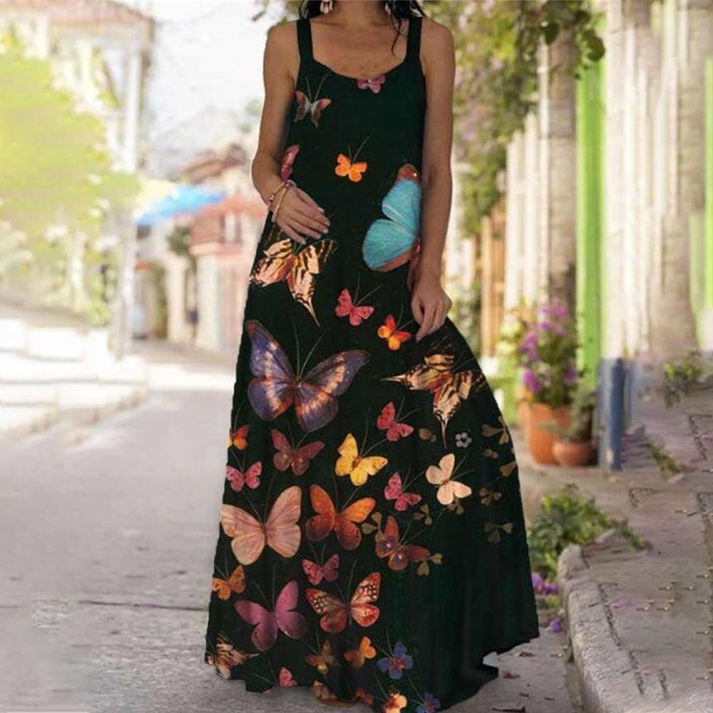 Butterfly & Floral Round Neck Wide Strap Cami Dress