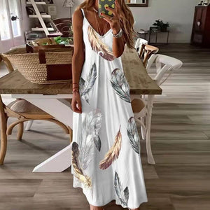 White V Neck Feather Print Cami Maxi Dress