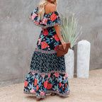 Allover Floral Print Off Shoulder Ruffle Hem Belted Maxi Dress