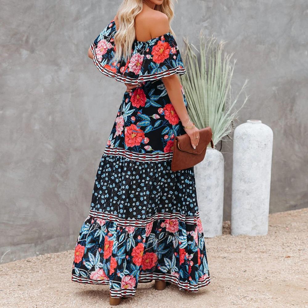 Allover Floral Print Off Shoulder Ruffle Hem Belted Maxi Dress