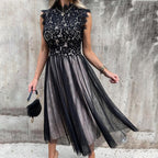 White & Black Mock-Neck Embroidery Contrast Lace Bodice Mesh Sleeveless Dress