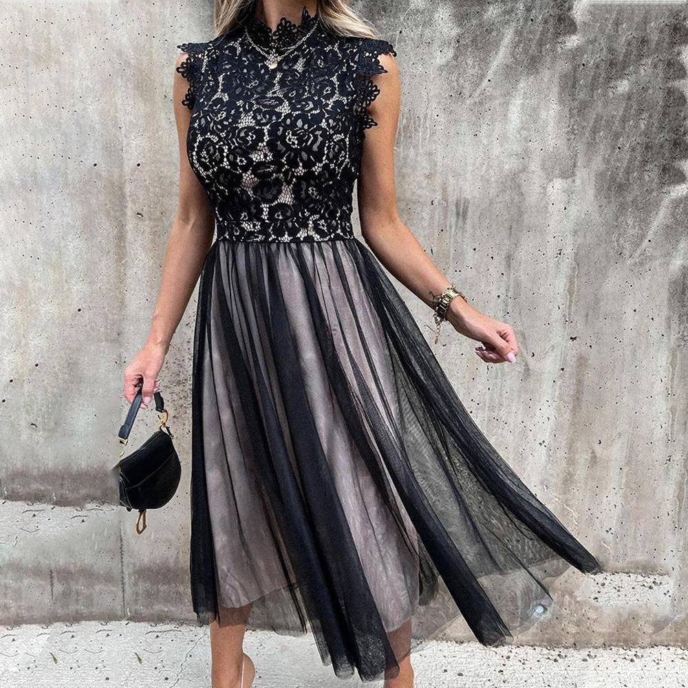 White & Black Mock-Neck Embroidery Contrast Lace Bodice Mesh Sleeveless Dress