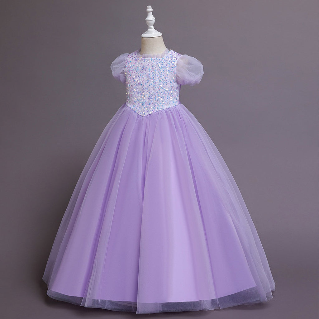 Elegent Girls Pageant Dresses Puff Sleeve Sequins Formal Tulle Maxi Dress