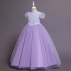 Elegent Girls Pageant Dresses Puff Sleeve Sequins Formal Tulle Maxi Dress
