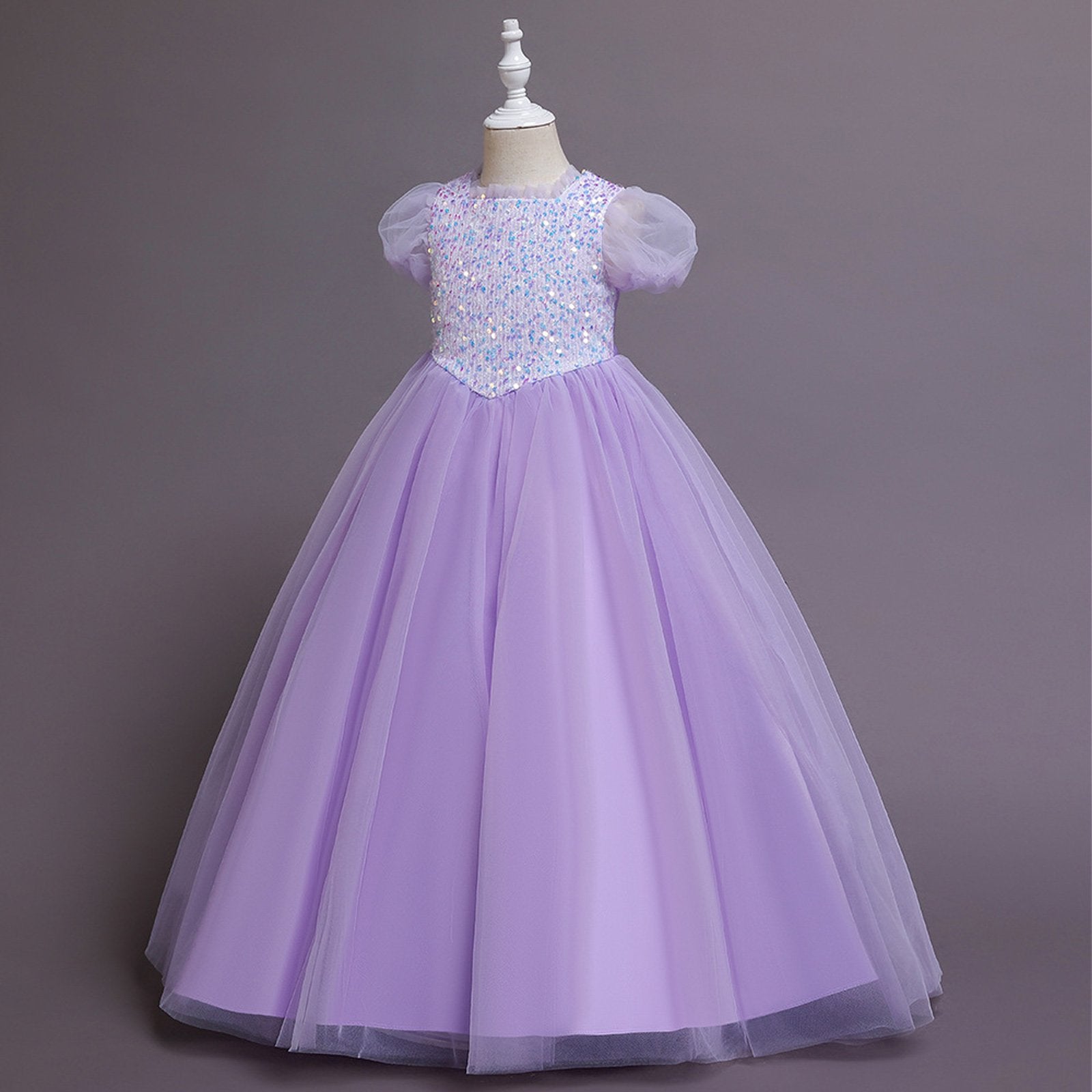 Elegent Girls Pageant Dresses Puff Sleeve Sequins Formal Tulle Maxi Dress