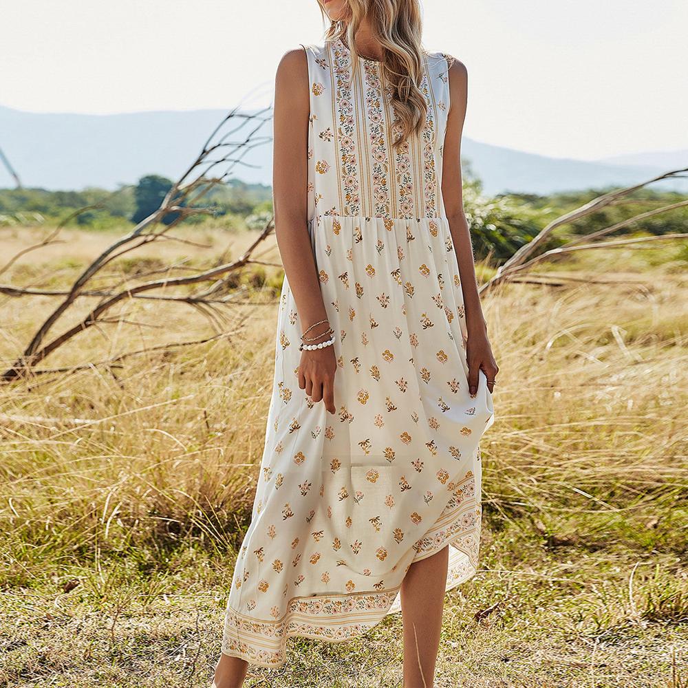 White Ditsy Yellow Floral Print Round Neck Sleeveless Long Dress