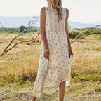 White Ditsy Yellow Floral Print Round Neck Sleeveless Long Dress