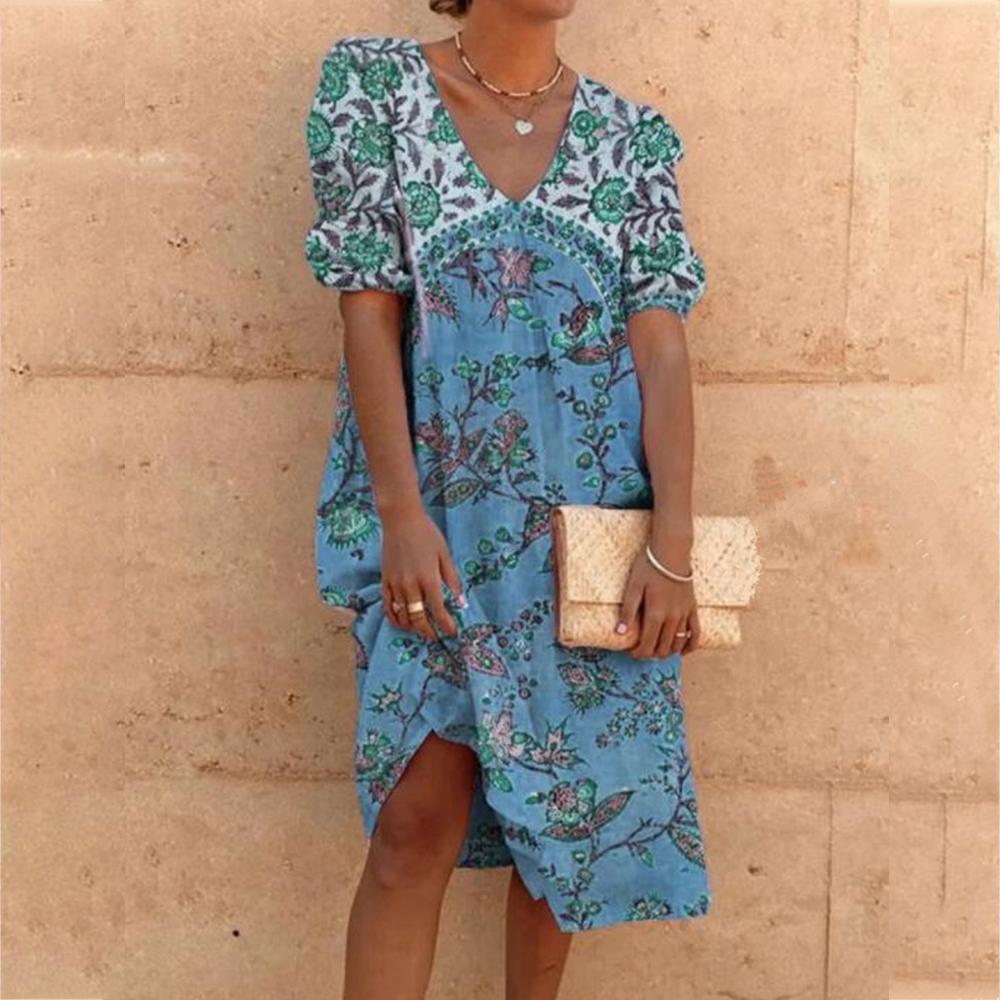 Vintage Floral Print V Neck Half Sleeve Dress