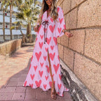 Drawstring Allover Heart & Leopard & Marble &  Floral & Graphic Print Plunging Neck Lantern Sleeve Maxi Dress