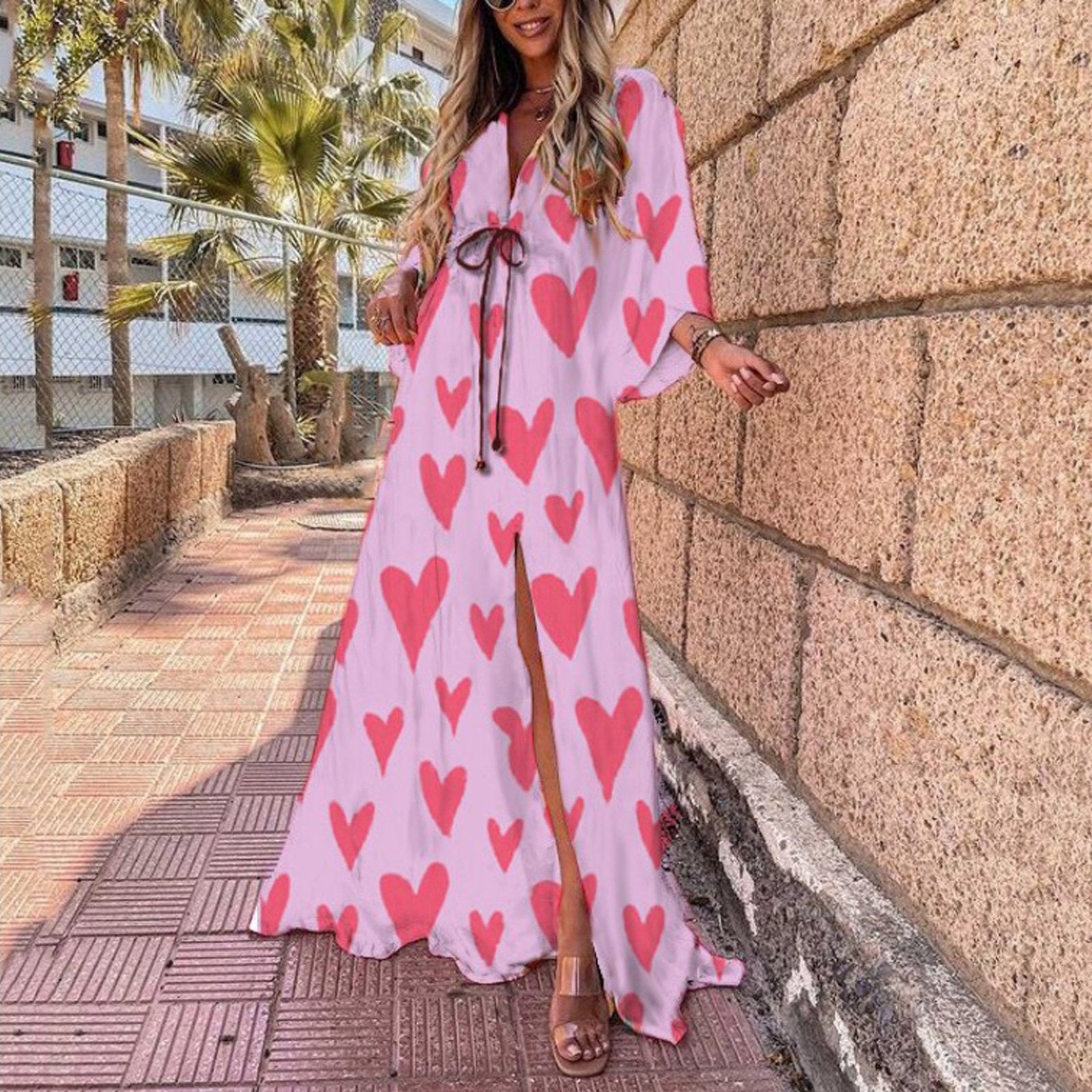 Drawstring Allover Heart & Leopard & Marble &  Floral & Graphic Print Plunging Neck Lantern Sleeve Maxi Dress