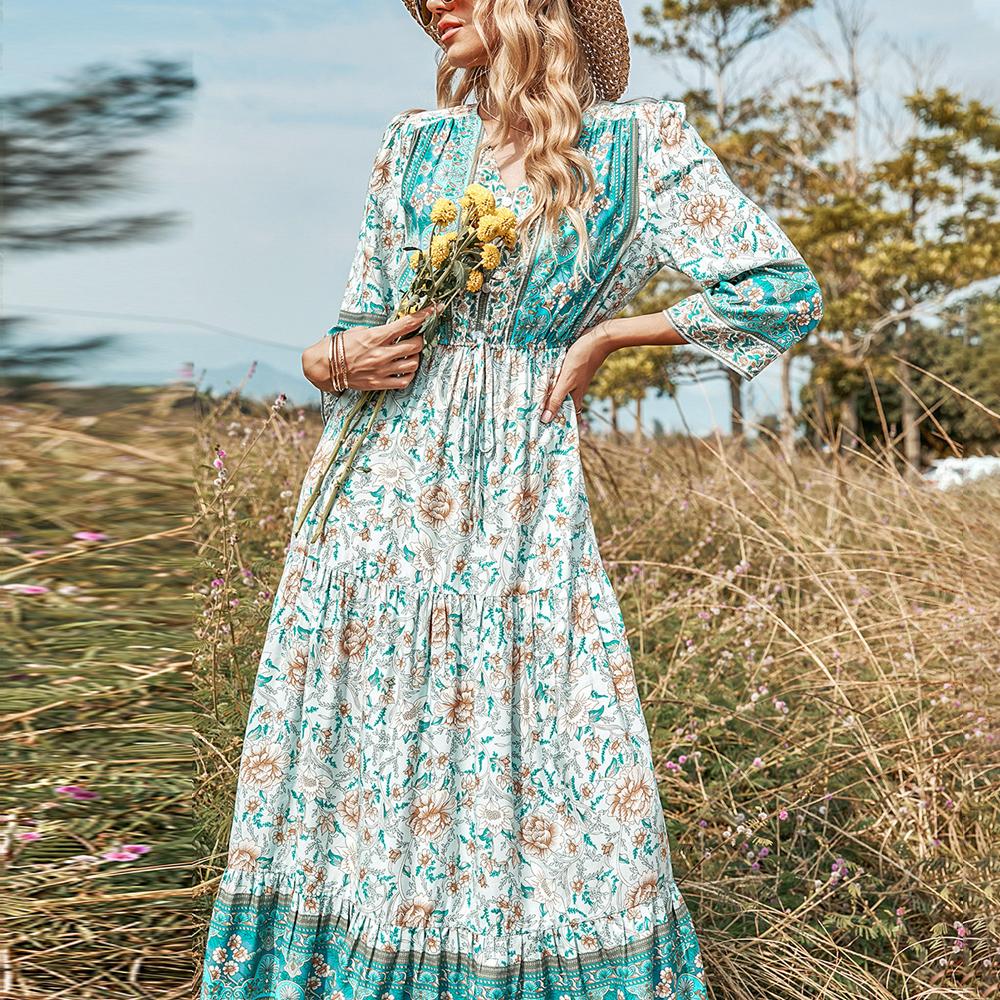 Green Paisley & Floral Print Button Front Knot Waist V Neck Dress