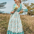 Green Paisley & Floral Print Button Front Knot Waist V Neck Dress