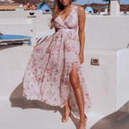 Floral Print Surplice Neck Sleeveless Split Thigh Maxi Dress
