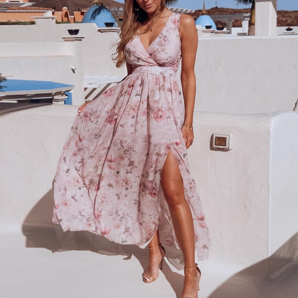 Floral Print Surplice Neck Sleeveless Split Thigh Maxi Dress
