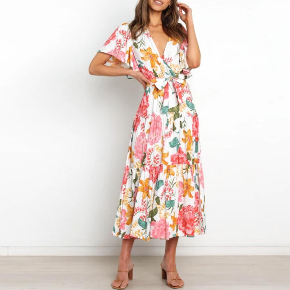 White Floral Print Butterfly Sleeve Ruffle Hem Belted Dress