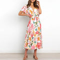 White Floral Print Butterfly Sleeve Ruffle Hem Belted Dress