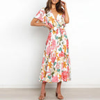 White Floral Print Butterfly Sleeve Ruffle Hem Belted Dress