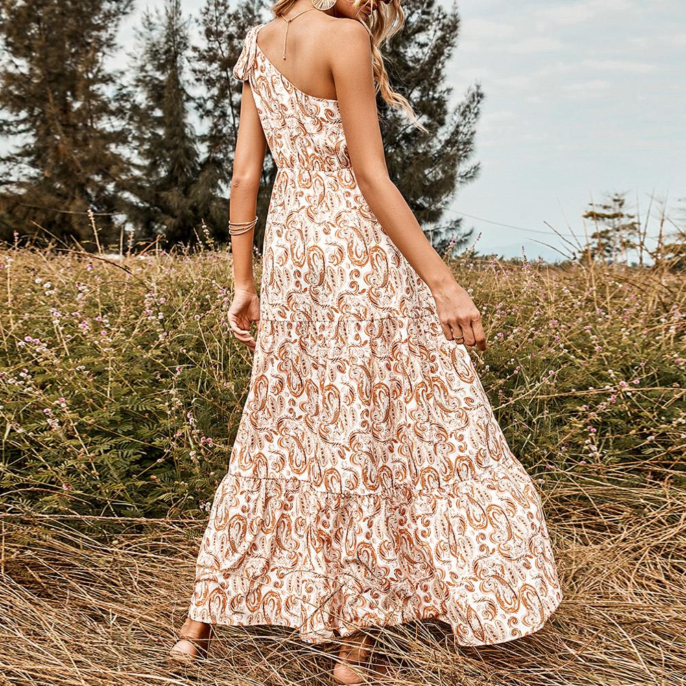 Allover Floral Print Knot One Shoulder A-line Maxi Dress