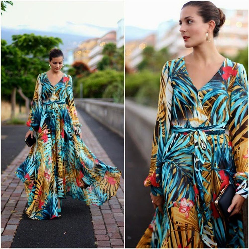 Tropical Leaves & Floral Print Lantern Sleeve V Neck Belted Maxi Dress