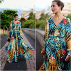 Tropical Leaves & Floral Print Lantern Sleeve V Neck Belted Maxi Dress