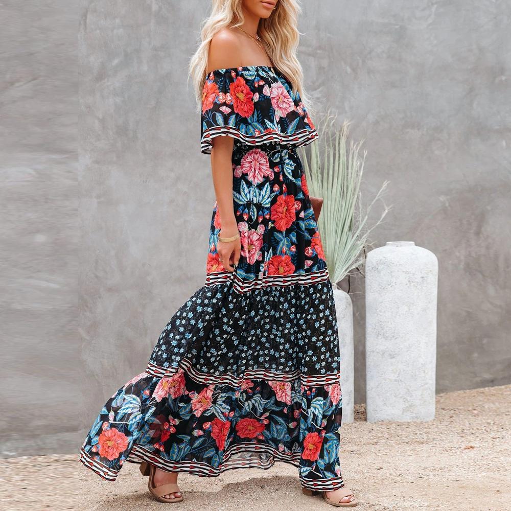 Allover Floral Print Off Shoulder Ruffle Hem Belted Maxi Dress