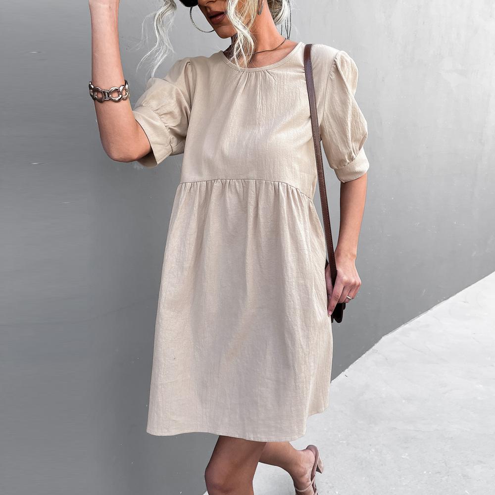 Solid Puff Sleeve Button Back Round Neck Casual Dress