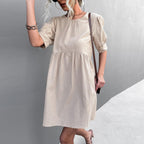 Solid Puff Sleeve Button Back Round Neck Casual Dress