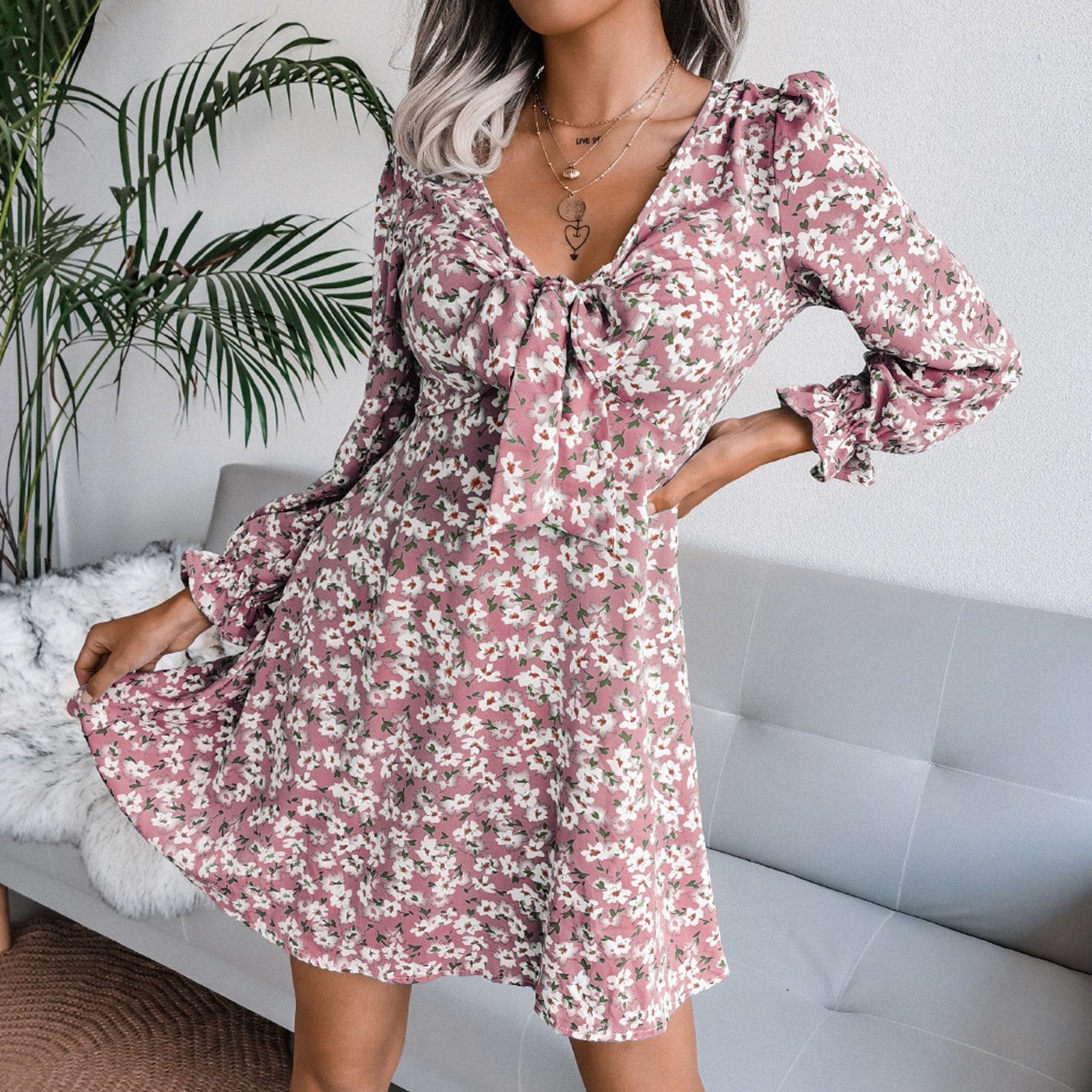 Deep V-neck Chiffon Floral Dress for Adult