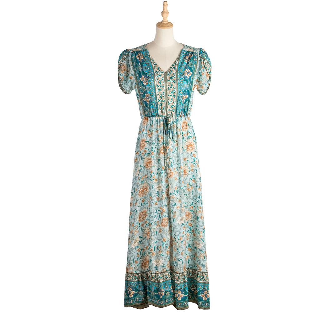 Paisley & Floral Print Surplice Sleeve Knot Waist V Neck Dress