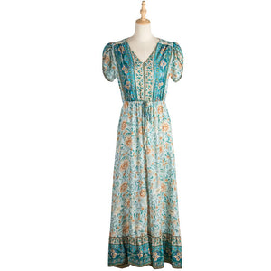 Paisley & Floral Print Surplice Sleeve Knot Waist V Neck Dress